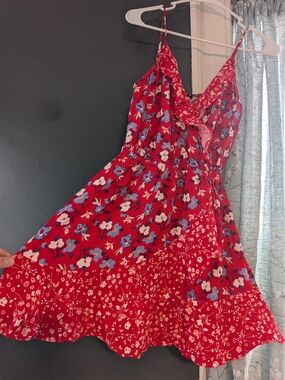 Express Red Floral Ruffle Sundress with Blue & White Flowers